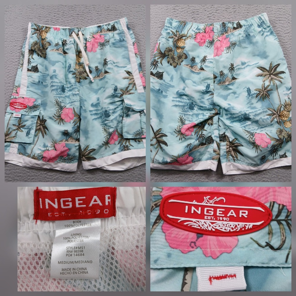Ingear Mens Medium Tropical Hibiscus Cargo Board Swim Shorts Mesh Liner EUC